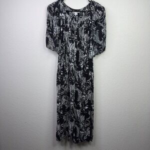 Go Softly Patio Gown Dress S Black White Tropical‎ Leaf Boho Vacation Lounge